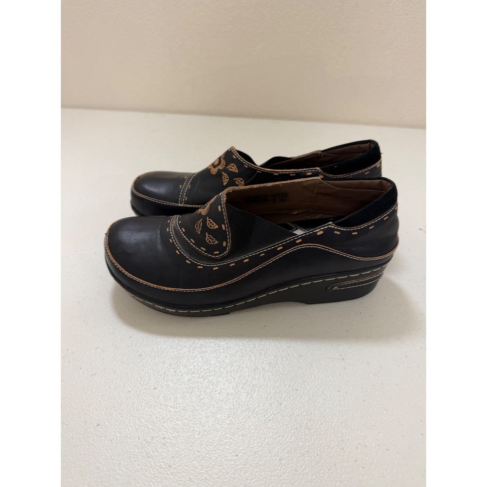 Spring Step L'Artiste Black Leather Floral Embroidered Wedge Clogs Womens 40